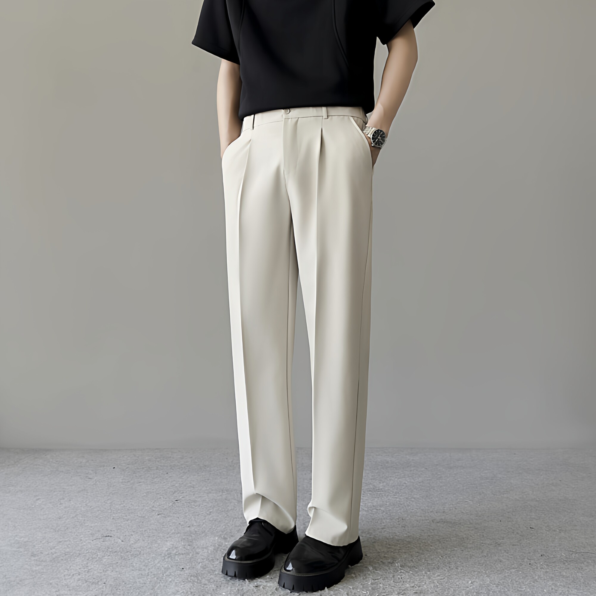 半松紧腰西裤男士港风垂感直筒裤子春季新款青少年潮流休闲西装裤