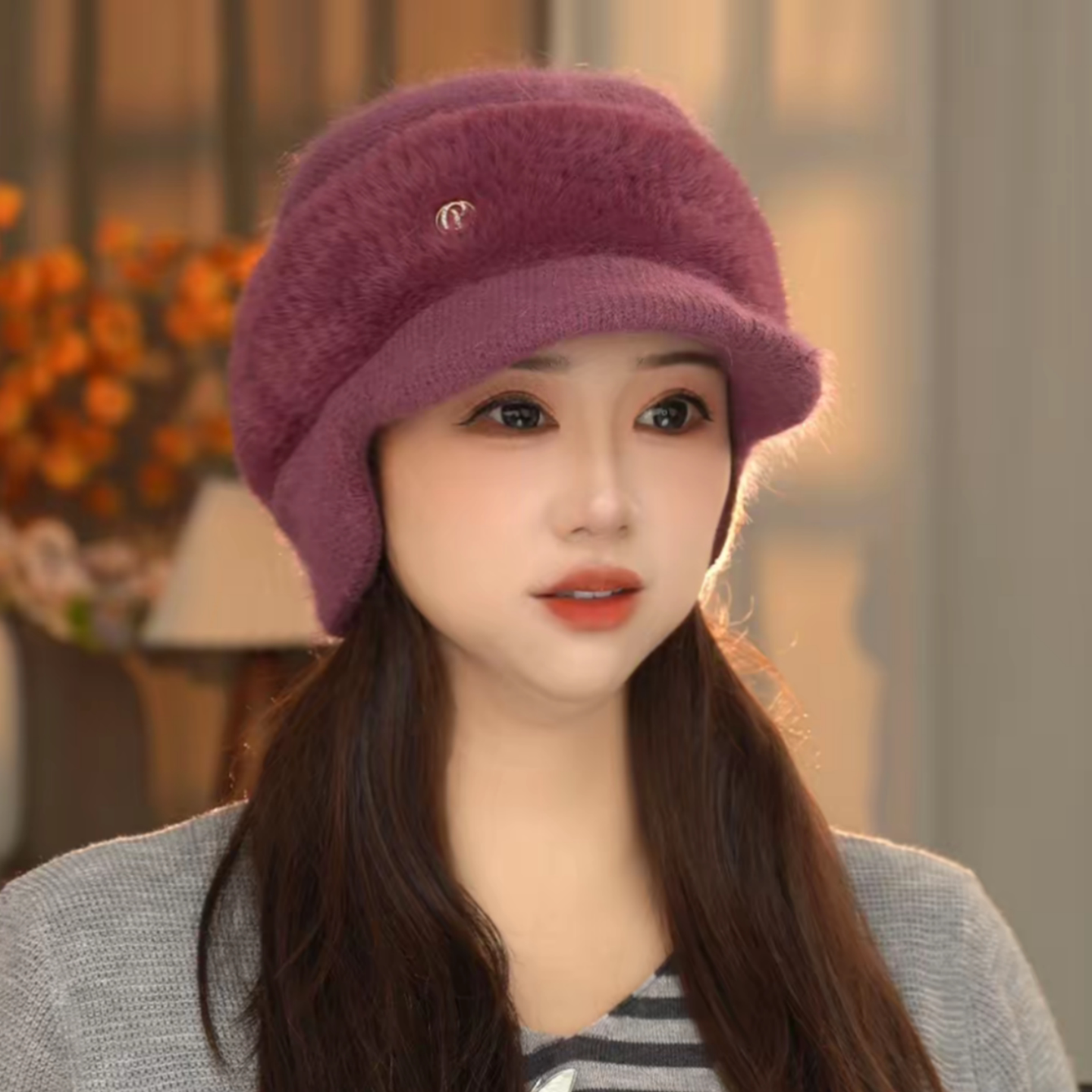 中老年妈妈帽子女冬季加绒加厚护耳帽防寒保暖简约短檐平檐奶奶帽