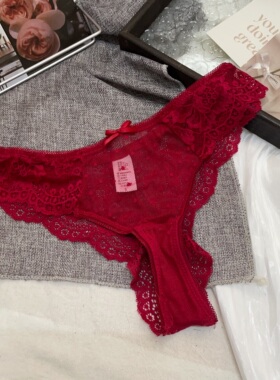 本命年酒红性感女士内裤欧美超薄舒适蕾丝网纱法式低腰红色三角裤