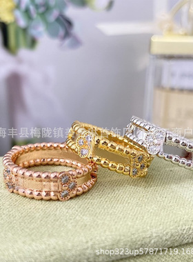 高版本v金万花筒宽窄版戒指女四叶小花满钻高级情侣对戒礼物批发