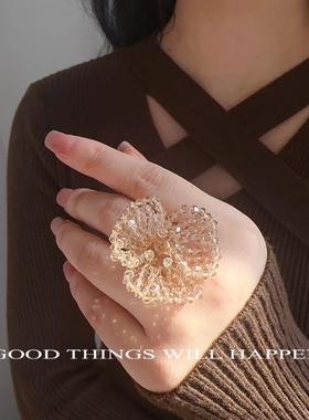 复古气质水晶戒指女手工编织优雅气质三叶草花朵指环可调节镀真金