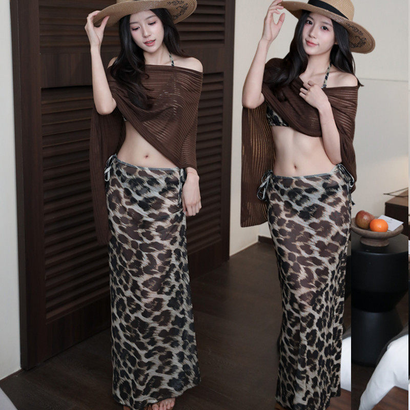 泰式比基尼bikini分体四件套一字肩温泉度假游泳衣女披肩网红泳装