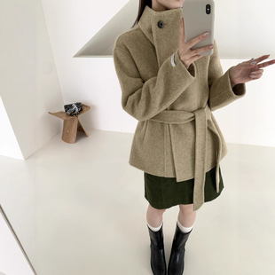 双面羊绒大衣女短款小个子立领毛呢外套高级感修身短款羊毛大衣女
