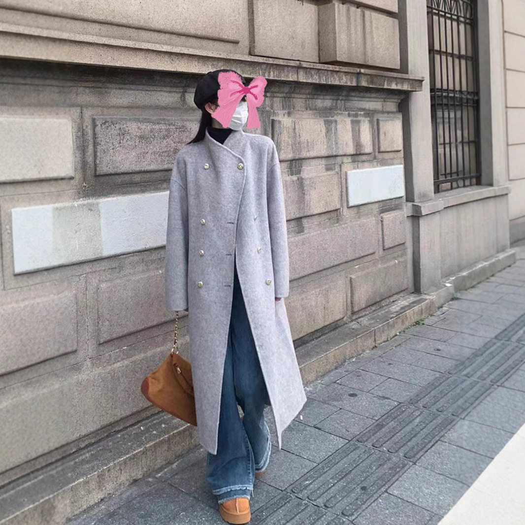 秋冬山羊绒大衣女小个子加厚立领宽松长款灰色羊毛高级感毛呢外套