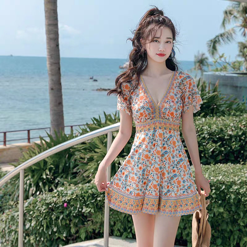 新款加大码连体裙式平角显瘦遮肚胖妹胖妞大裙泡温泉度假游泳衣