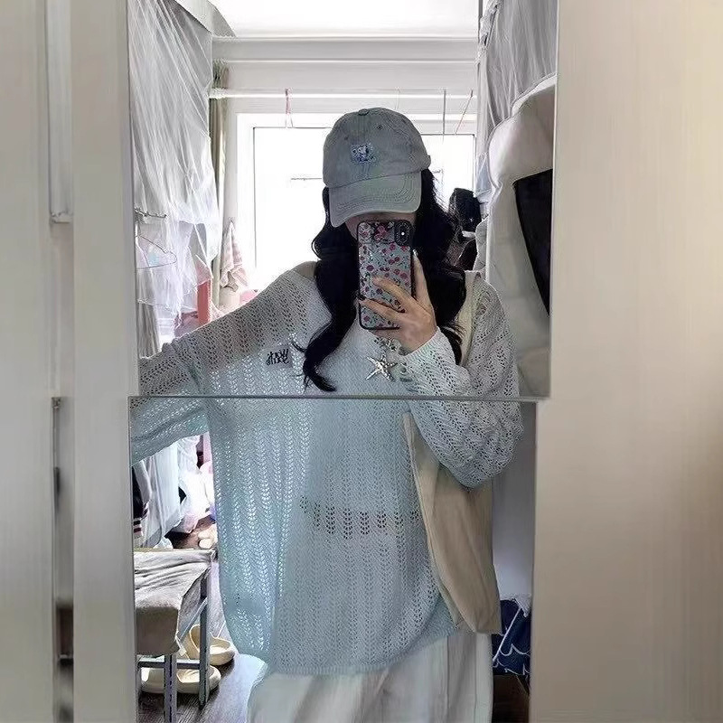 YUNS慵懒风镂空针织套头防晒罩衫宽松休闲上衣女韩系时尚百搭长袖