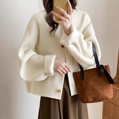 新款双面羊毛大衣短款小个子大袖子廓版加厚羊绒双面长毛保暖外套