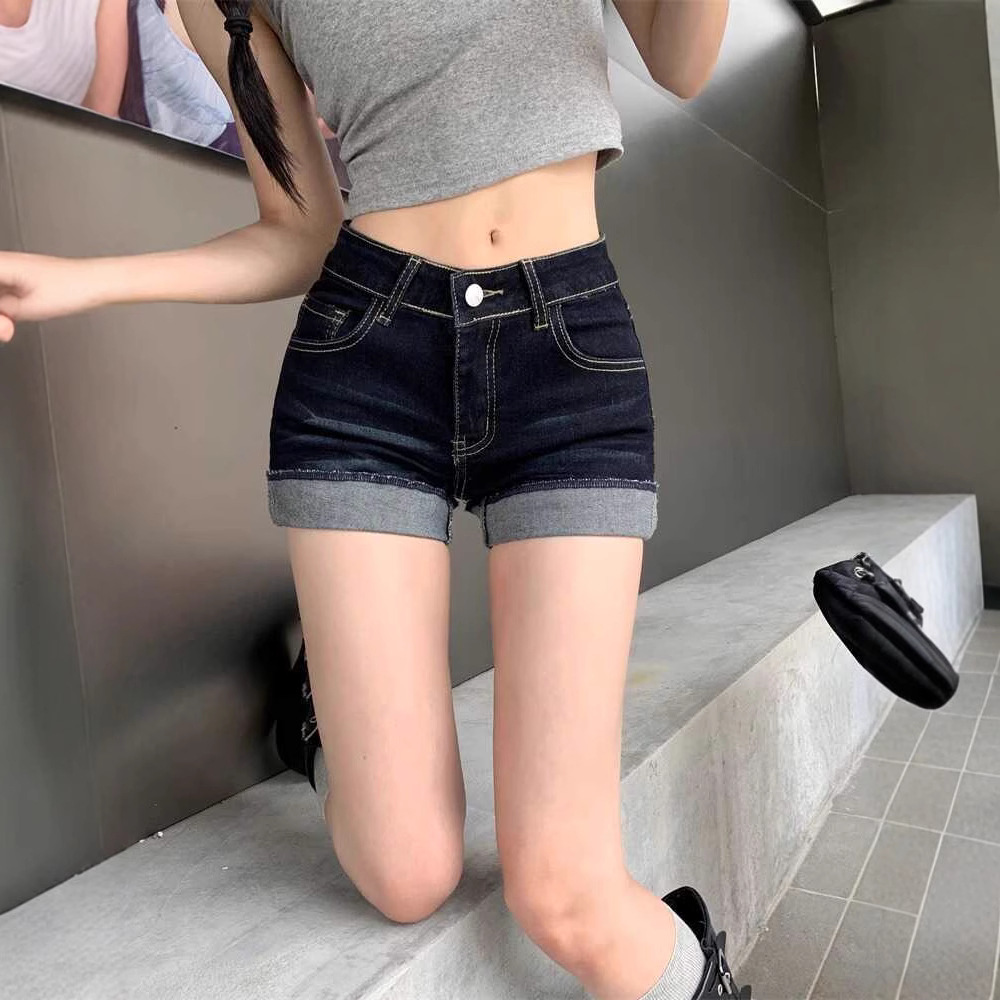 美式辣妹高腰性感超短裤热裤牛仔裤女夏季深蓝色设计感卷边短包臀
