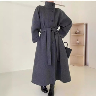 双面羊绒大衣女立领韩系2025秋冬季中潮长款宽松系带羊毛呢子外套