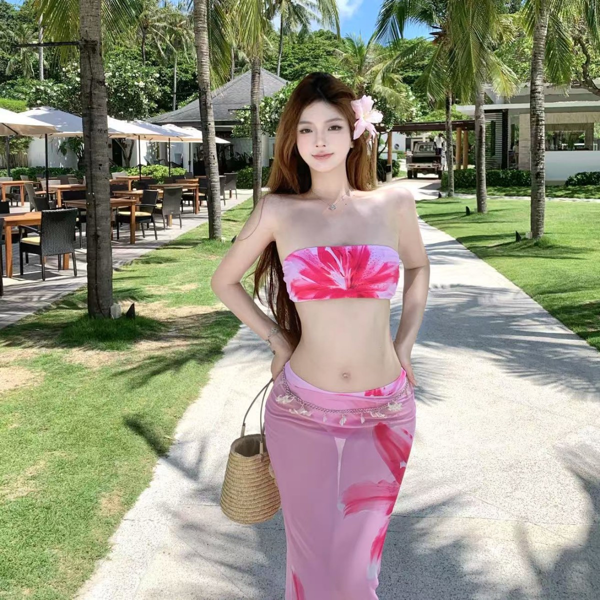 【桃之夭夭】粉色纯欲性感抹胸花朵分体泳衣三件套沙滩风度假长裙