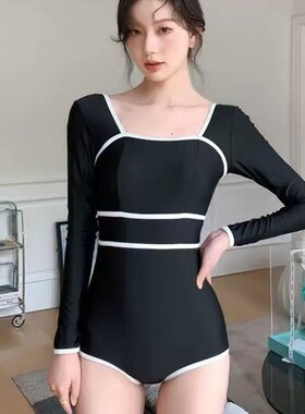 泡温泉ins风新款黑色连体泳衣防晒保守长袖运动气质显瘦遮肚温女
