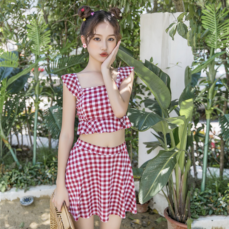 分体游泳衣女两件套裙 式平角长袖温泉显瘦小清新泳衣度假温泉潮