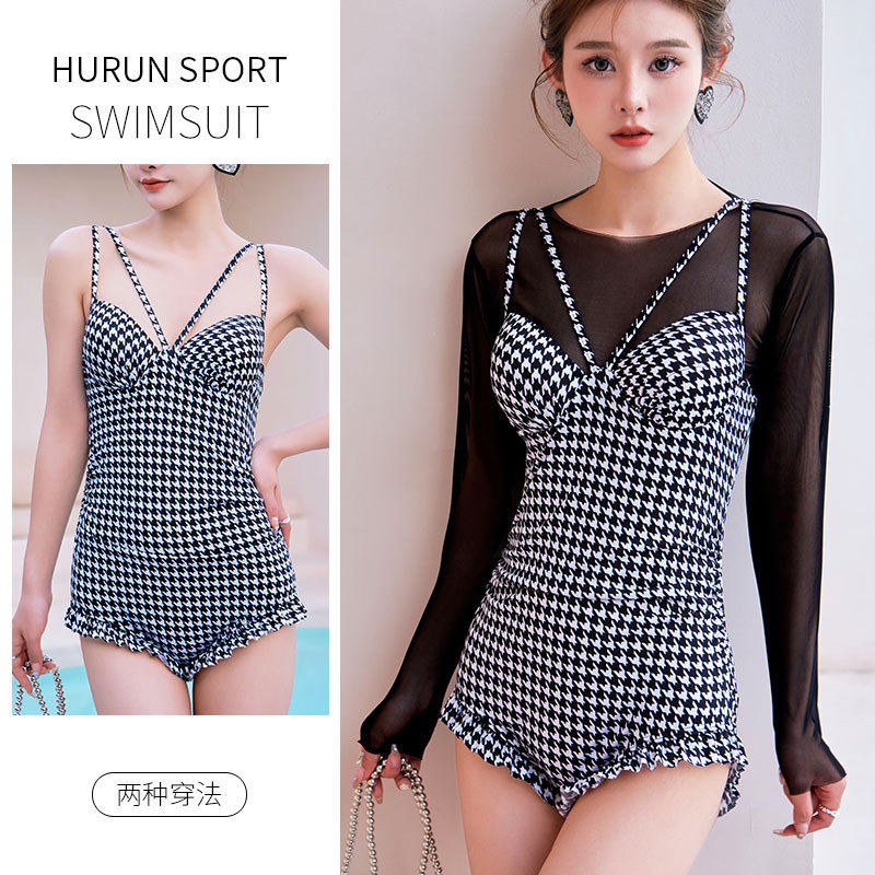 泳衣女ins连体三角长袖网纱两件套比基尼性感风聚拢遮肚 温泉游泳