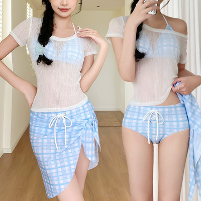甜美少女学院风bikini分体泳衣女比基尼四件套海边度假温泉泳装