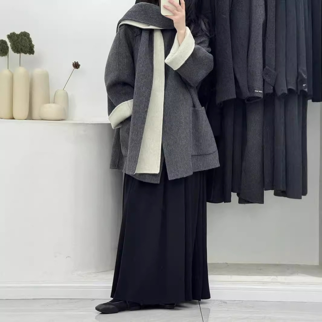 双面羊毛大衣女带围巾中长款双面双色宽松大版加厚保暖羊绒呢外套