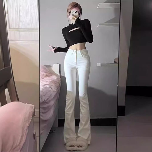 韩版微喇牛仔裤女春秋季2025新款高腰修身显瘦百搭喇叭马蹄拖地裤