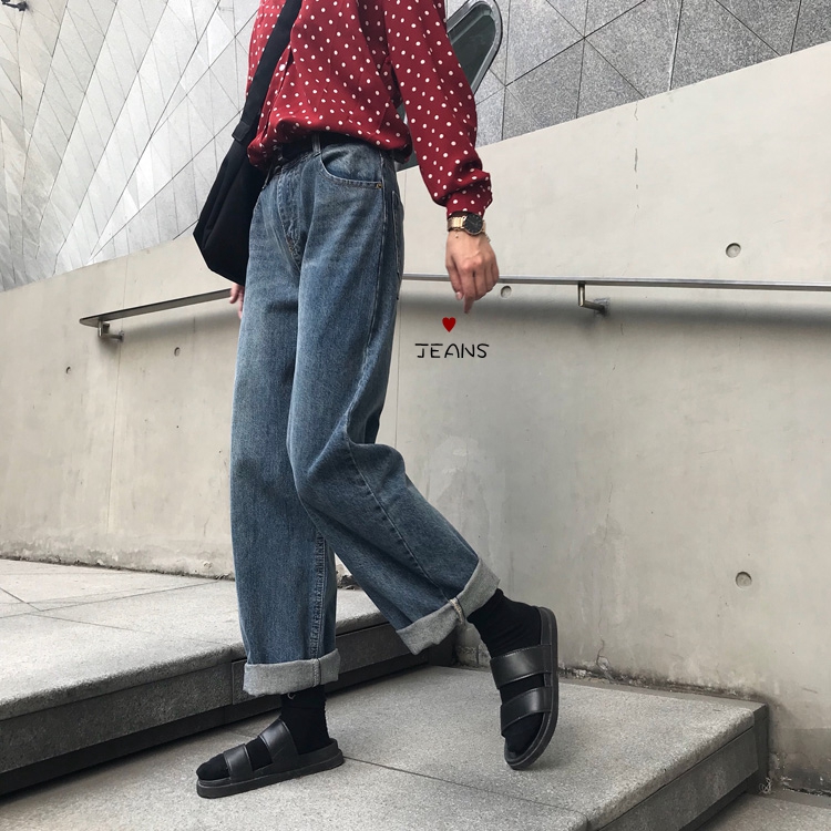 原久美子实拍chic港风街头雅痞帅气直筒卷裤脚宽松阔腿牛仔裤女