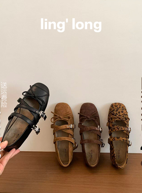 复古豹纹蝴蝶结玛丽珍鞋女2025秋季新款绒面仙女风内增高芭蕾单鞋