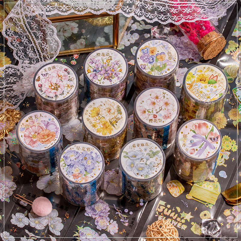 三渡文创古风花花 pet立体镭射烫金胶带高颜值复古植物花卉咕咔贴