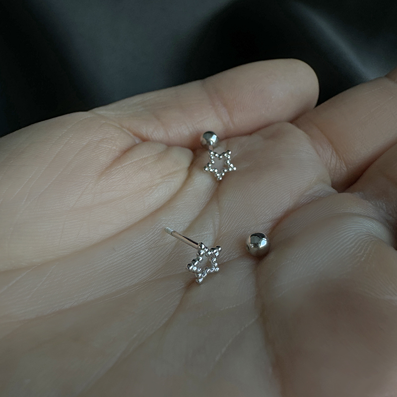 无钻似有钻~螺丝五角星耳钉通体925纯银睡觉免摘耳骨耳环精致女