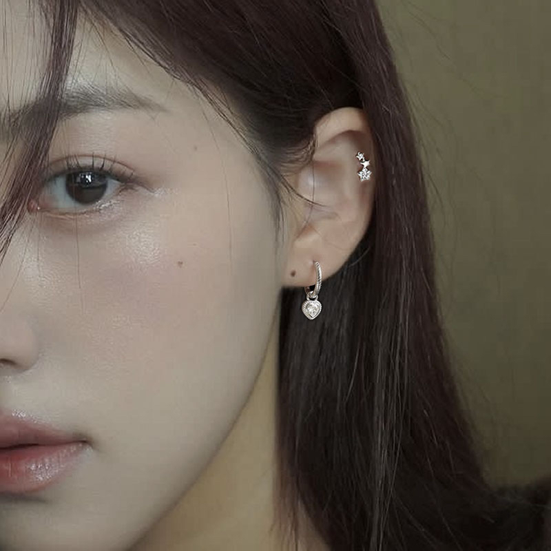 星星耳钉】通体s925纯银爱心耳扣 简约气质防过敏耳环女短款吊坠