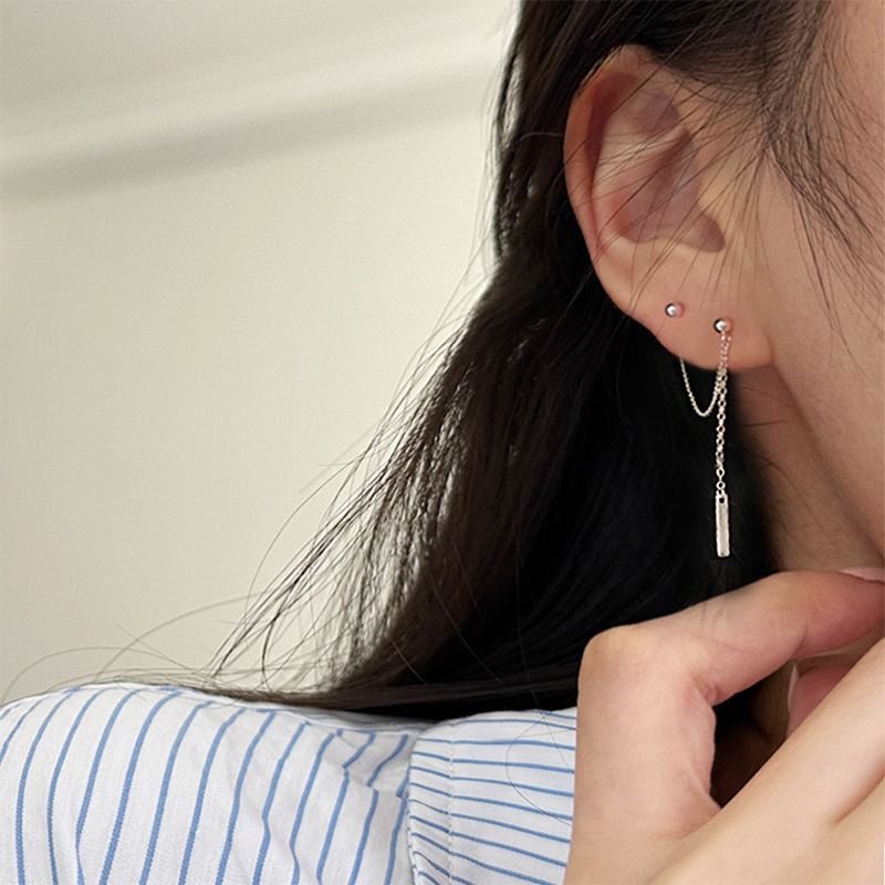 韩版两个耳洞的耳钉925纯银竖条
