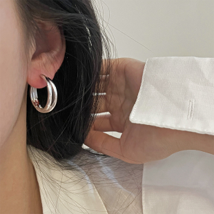 清冷系耳饰】通体s925纯银素圈中号耳扣法式耳环百搭气质大耳垂圈