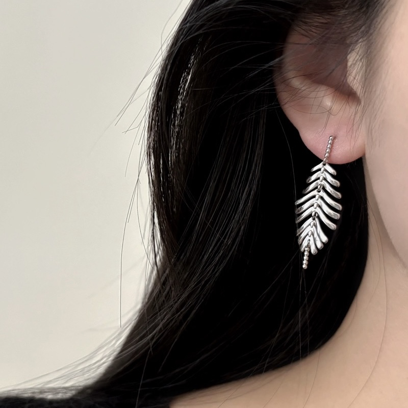 流苏叶片耳环】通体925纯银镀白金耳钉 简约短款显气质耳饰女韩