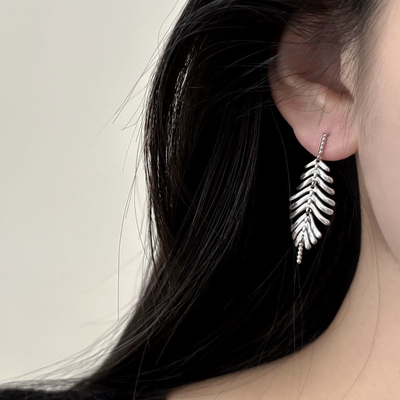 流苏叶片耳环】通体925纯银镀白金耳钉 简约短款显气质耳饰女韩