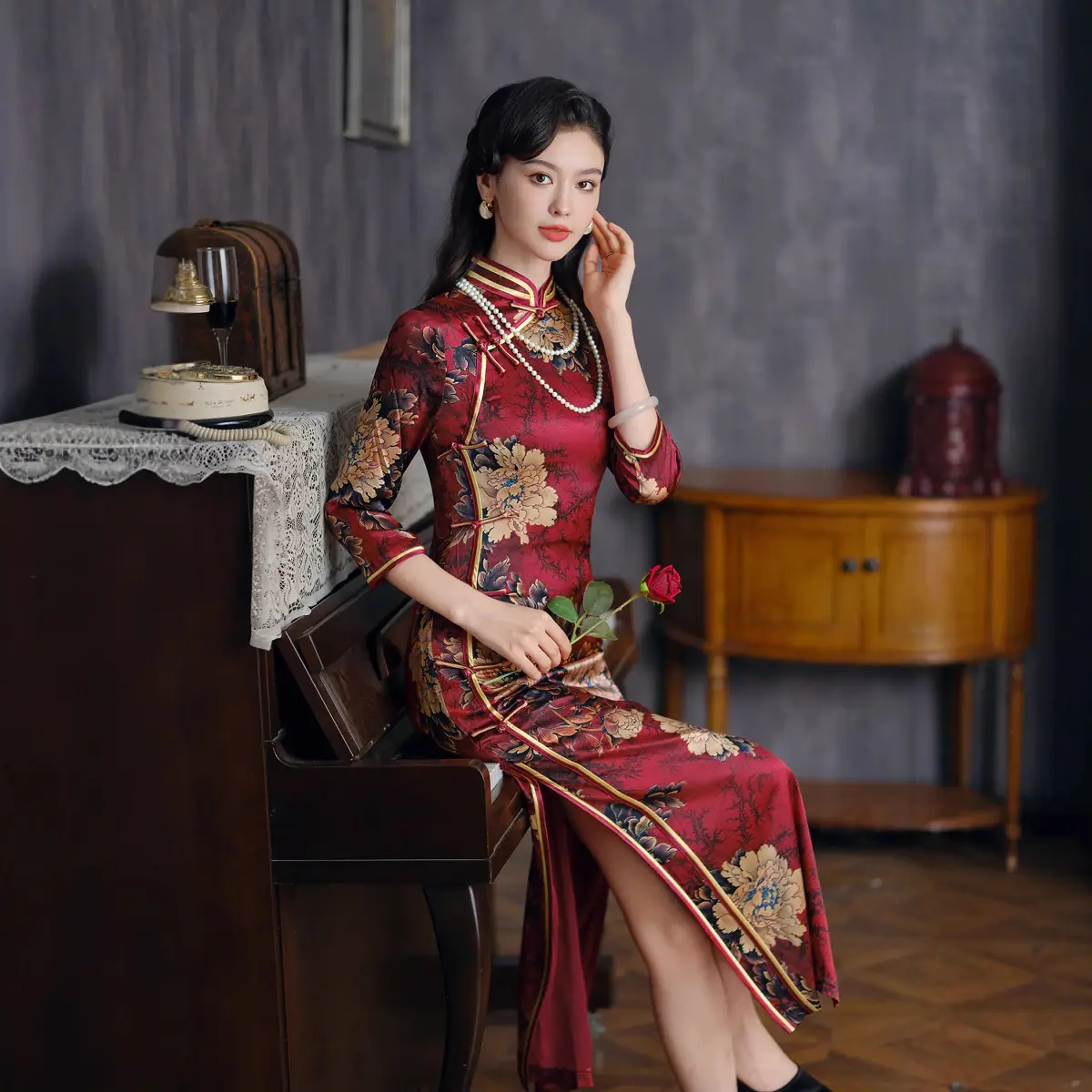 唐之恋红色真丝高端旗袍喜妈妈喜旗袍