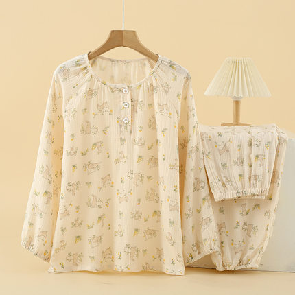【纯棉纱布】女春秋长袖长裤睡衣柔软可外穿圆领家居服套装