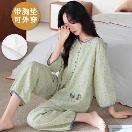 睡衣女春秋季带胸垫七分袖九分裤新款开衫大码夏季薄款家居服套装