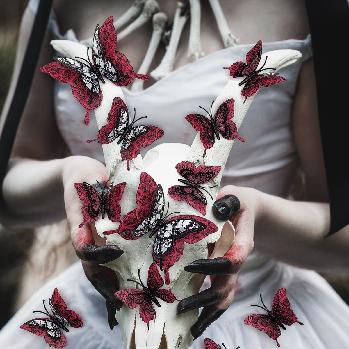 万圣节3d立体骷髅玫瑰蝴蝶装饰贴纸暗黑红蝙蝠道具背景气氛围布置