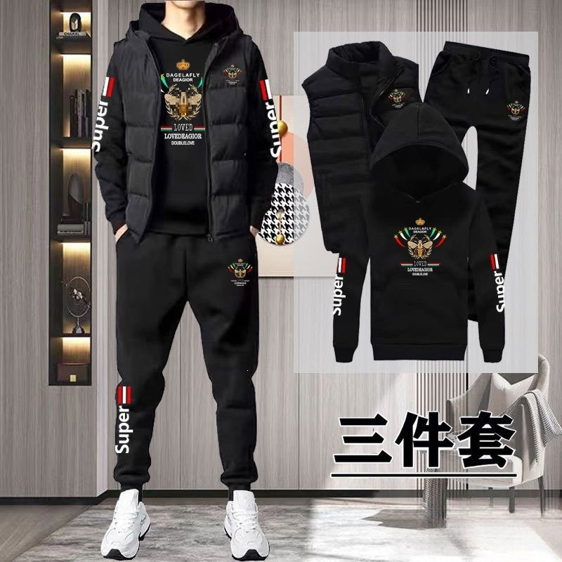2026秋冬马甲连帽卫衣三件套加绒加厚男士青少年休闲宽松套装