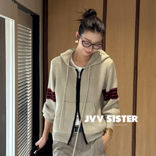 JVV十三行2026秋季新款美式复古撞色条纹羊毛针织毛衣外套女01305