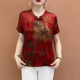 点击率女装夏季透气妈妈装中老年国风小衫花色t恤短袖九分袖衬衫