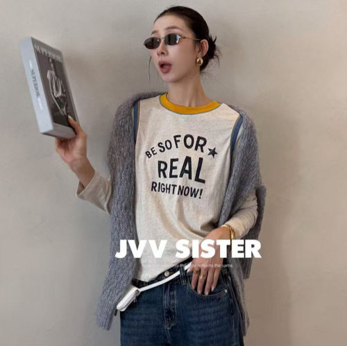 JVV十三行2026秋季新款撞色圆领印花上衣休闲百搭长袖T恤女01266