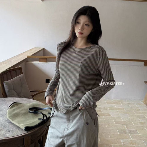 JVV十三行2026秋季新款日系休闲风条纹上衣休闲长袖T恤女潮01262