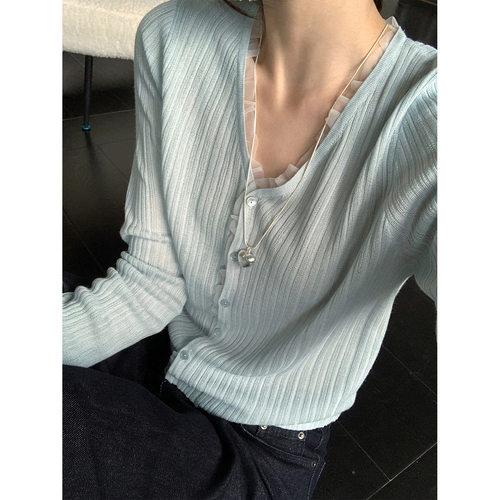 TG 温柔简调 网纱木耳边V领修身显瘦竖纹针织开衫女2026春款26572