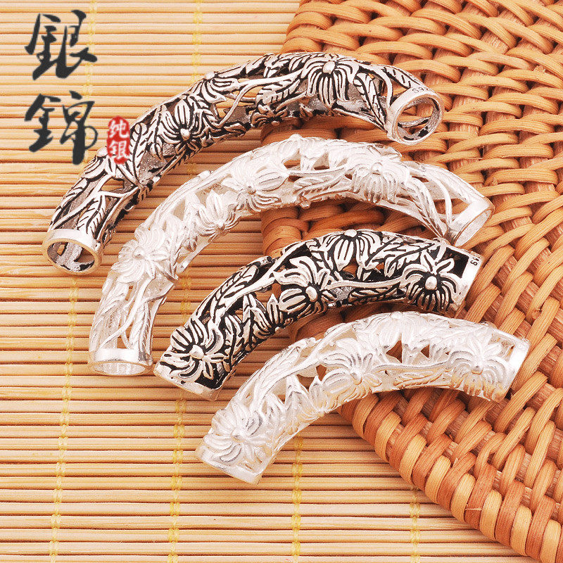 925纯银diy配件银弯管手链鸡血藤莲花木手镯包银管手工串珠子饰品