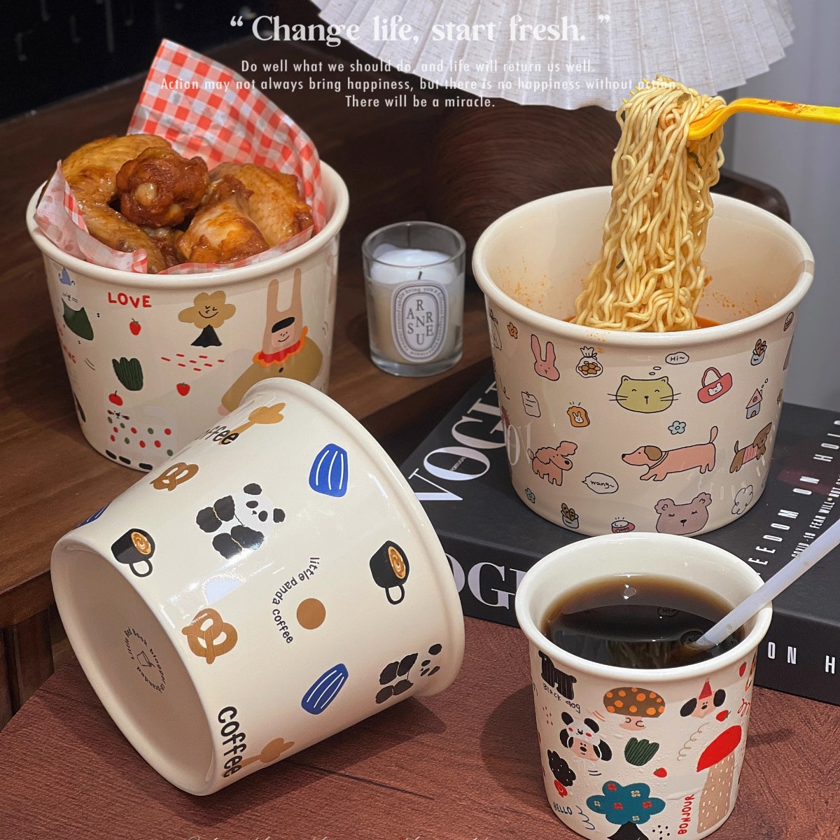 婉柠の碗涂鸦陶瓷全家桶泡面碗水果碗沙拉碗零食桶可爱大容量汤碗