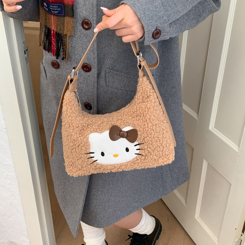 可爱卡通猫咪斜跨配饰包女童洋气羊羔绒零钱包小女孩时尚手机包潮