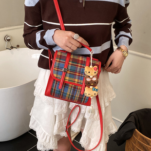 日系ins风休闲格子款大容量研学书包中大童洋气斜跨包学生双肩包