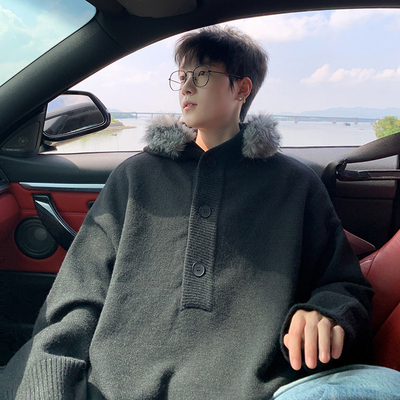 美式复古毛领连帽毛衣男生冬季cleanfit松弛感针织衫套头带帽外套