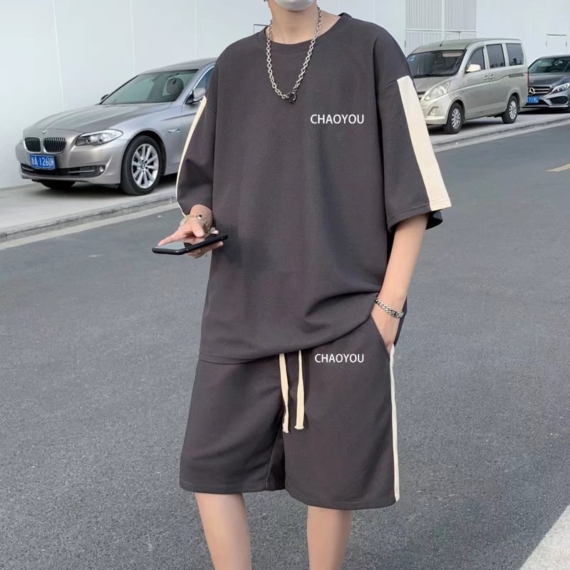夏季华夫格t恤套装男士休闲运动短袖短裤两件套搭配一套衣服帅气