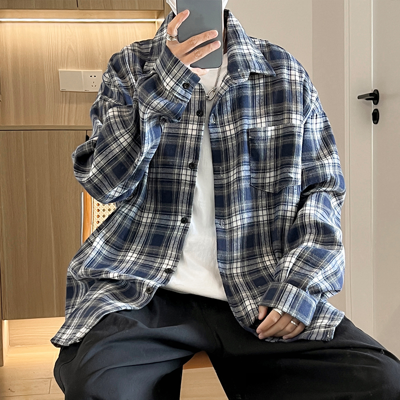 日系格子衬衫男长袖春秋新款潮