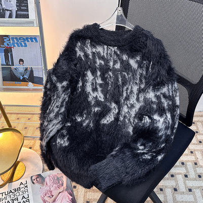 秋冬季新款水貂绒提花毛衣男生圆领宽松软糯加厚青少年保暖针织衫