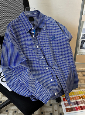 美式蓝色格纹长袖衬衫男女潮流秋季2025新款韩版翻领休闲外套衬衣