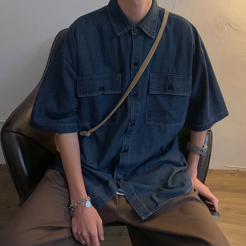 工装大口袋牛仔短袖衬衫