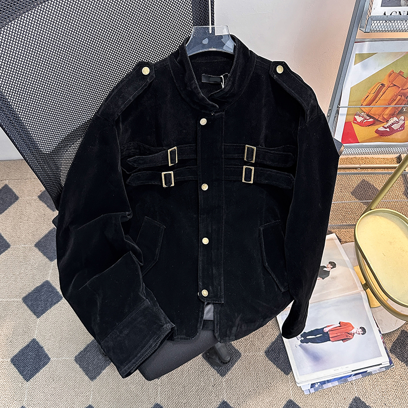 美式绒面巴恩风工装飞行员夹克男装高级感垫肩拼接立领棒球服外套